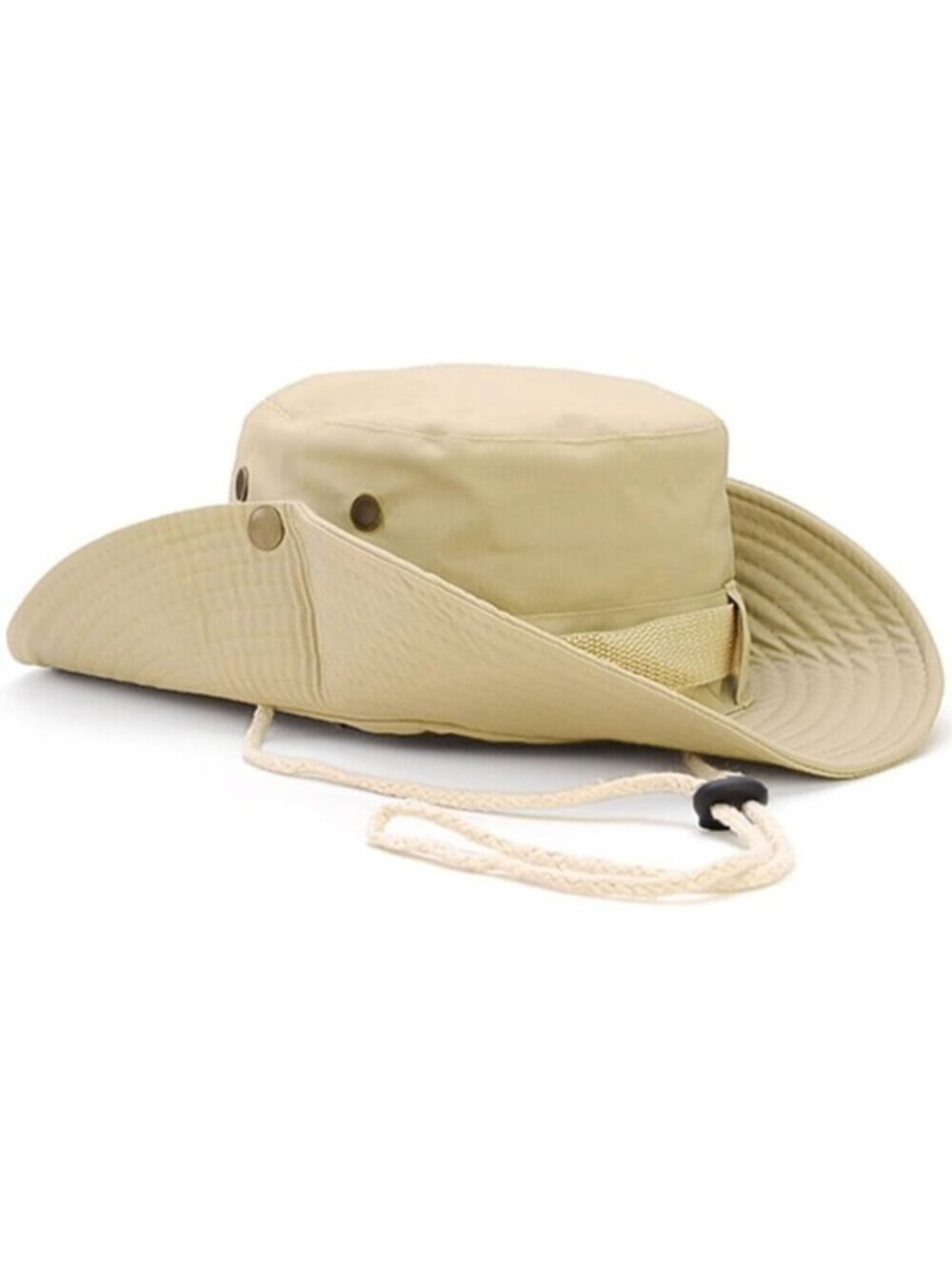 Unisex Beige 100% Cotton Wide Brim Boonie With Chin Strap Classic Bucket Sun Hat